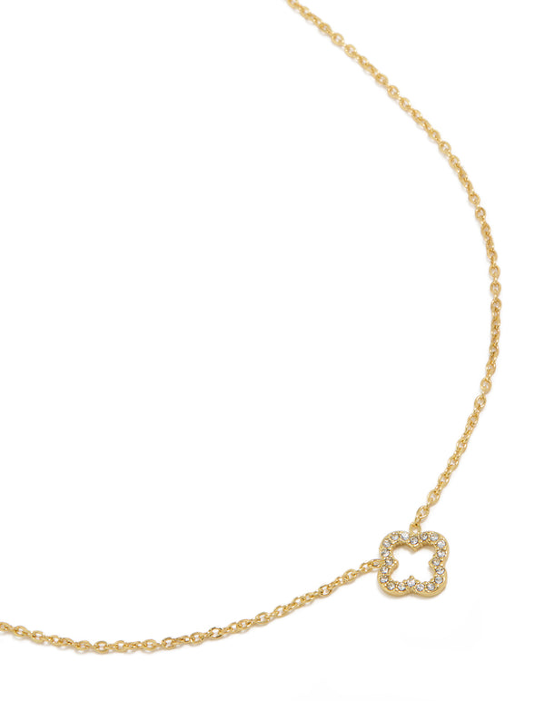 Showcasing a waterproof diamante flower outline necklace featuring a pendant, crafted from gold plated stainless steel, in front view