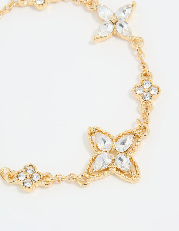 Gold Plated Diamante Mixed Flower Bracelet