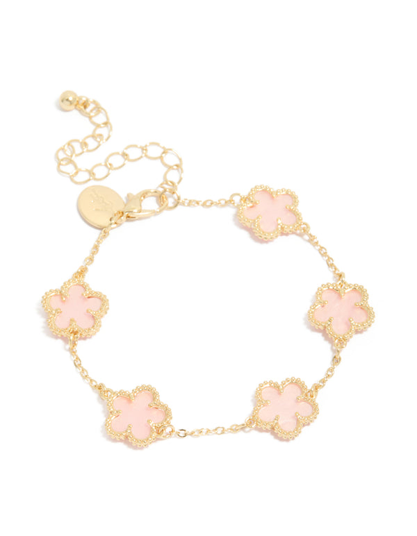 Crafted from gold plated material, this pink flowers charm bracelet features with dainty style in a front view