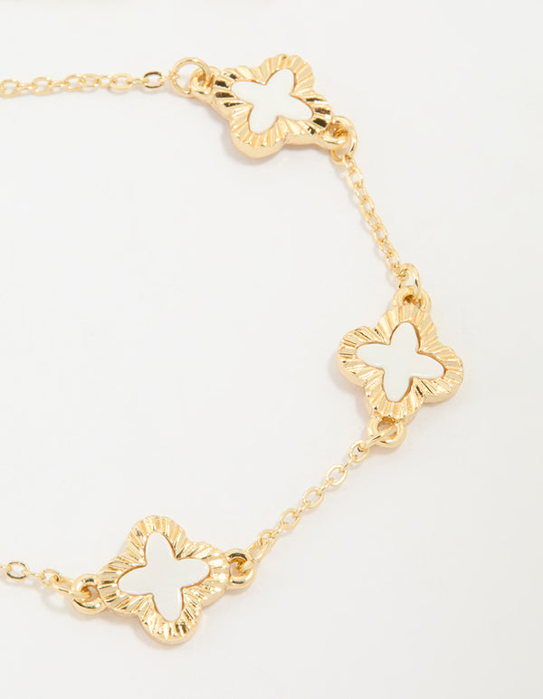 Gold Textured Cream Flower Outline Bracelet