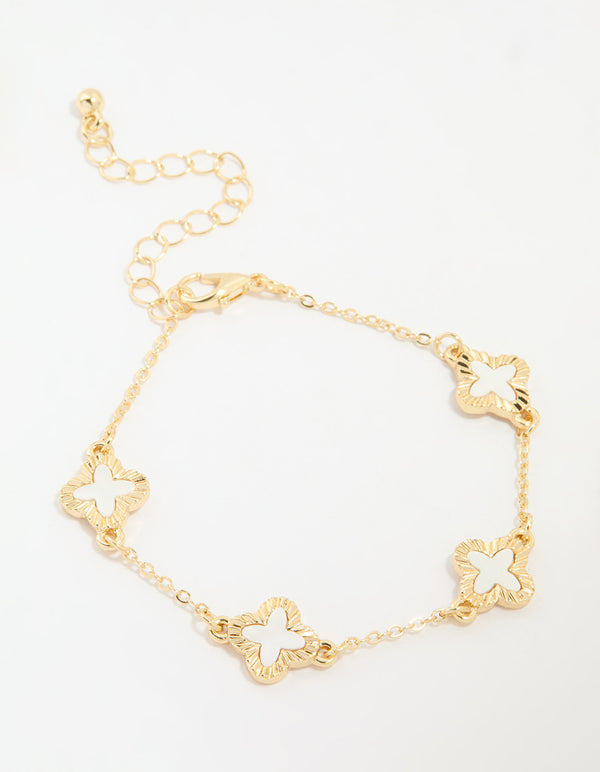 Gold Textured Cream Flower Outline Bracelet