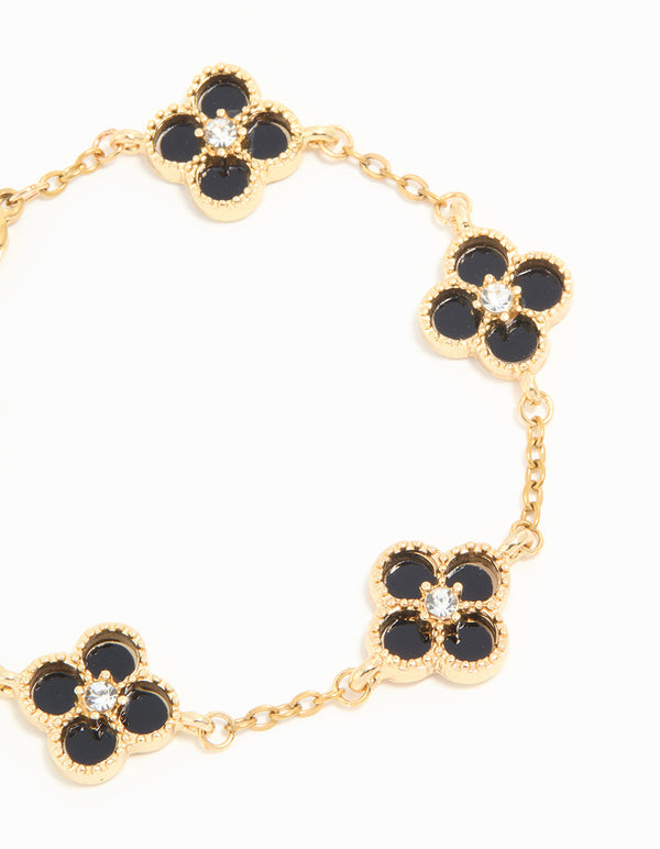 Waterproof Gold Plated Stainless Steel Diamante Black Inlay Flowers Charms Bracelet