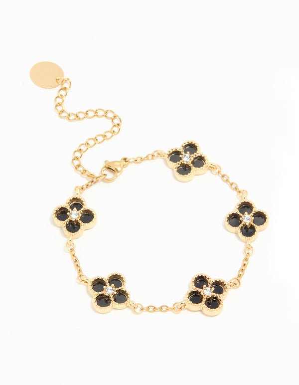 Waterproof Gold Plated Stainless Steel Diamante Black Inlay Flowers Charms Bracelet