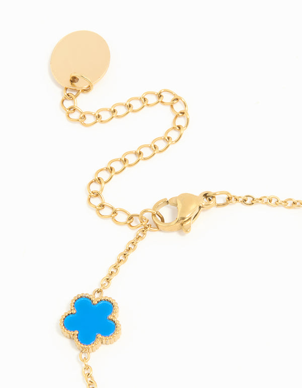 Waterproof Gold Plated Stainless Steel Blue Inlay Flower Petals Charm Bracelet