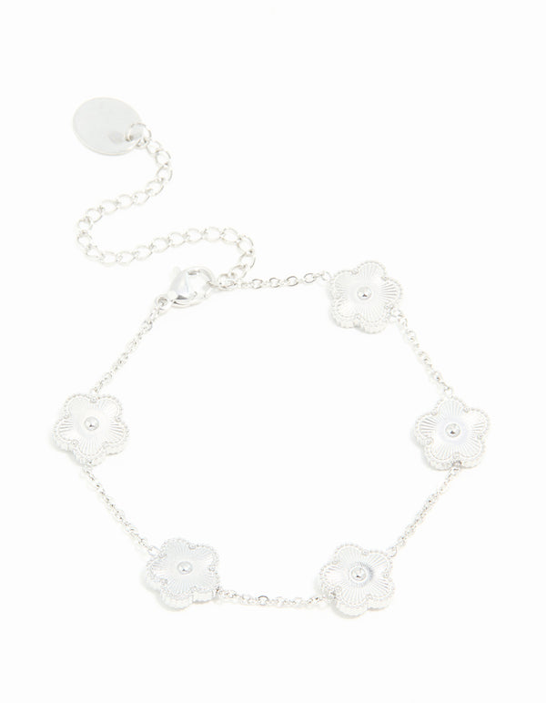 Showcasing a waterproof stainless steel flower petal charm bracelet in silver front view