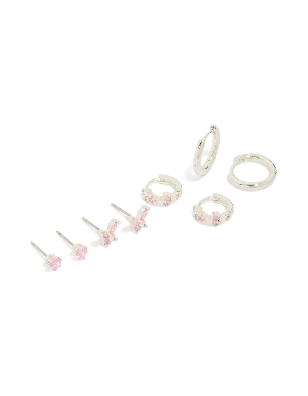 Silver Plated Brass Pink Cubic Zirconia Pave & Butterfly Stud Earrings 4-Pack