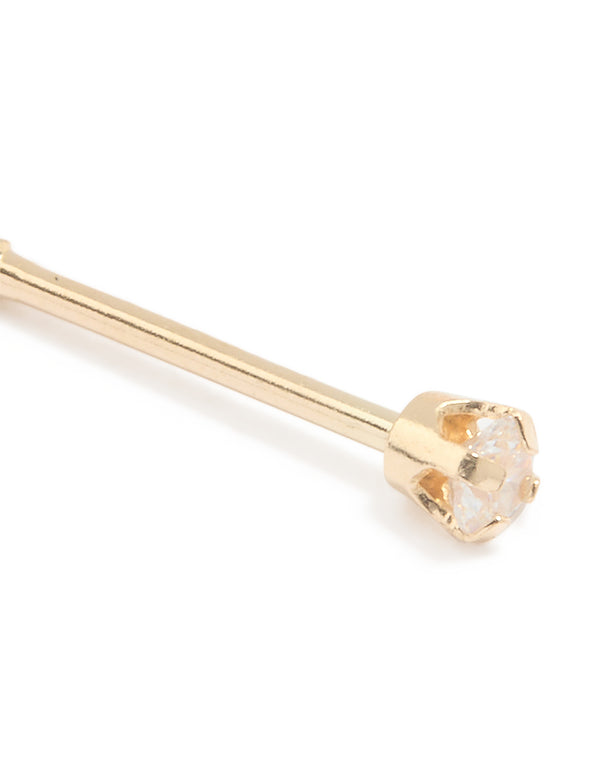 Showcasing a solid yellow gold nose stud with cubic zirconia and stud closure in clear detail view