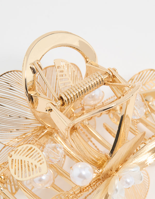 Gold Pearl Laser Cut Flower Claw Clip