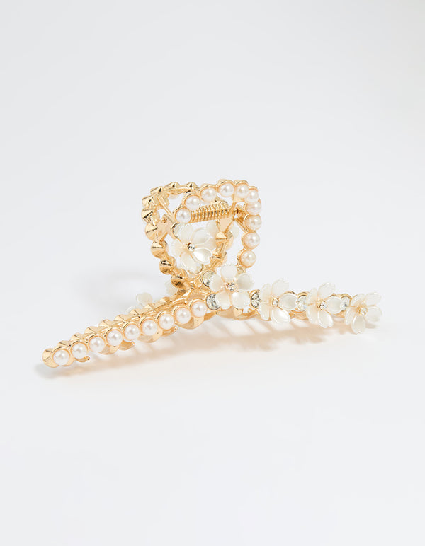 Gold Pearl Flower Twist Claw Clip