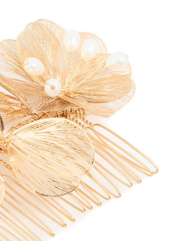 Gold Pearl & Laser Cut Flower Hair Comb