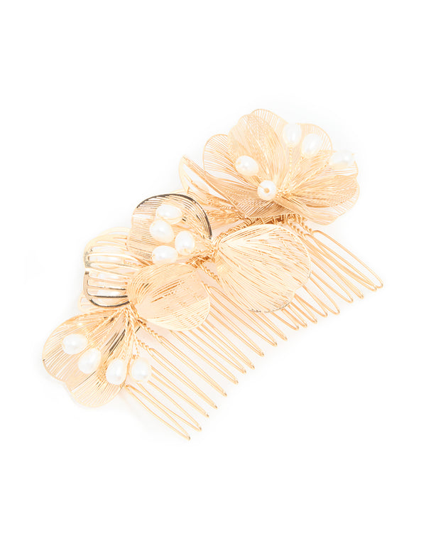 Gold Pearl & Laser Cut Flower Hair Comb