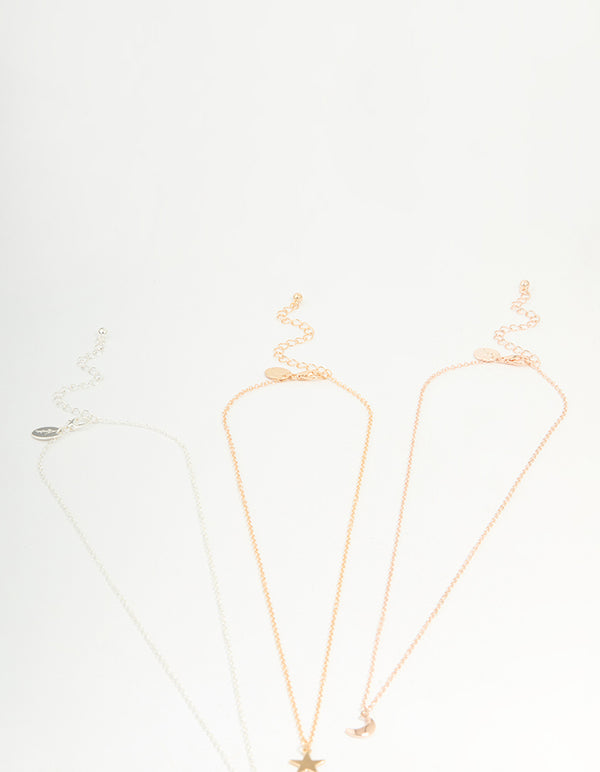 Mixed Metal Star, Moon & Heart Necklaces 3-Pack
