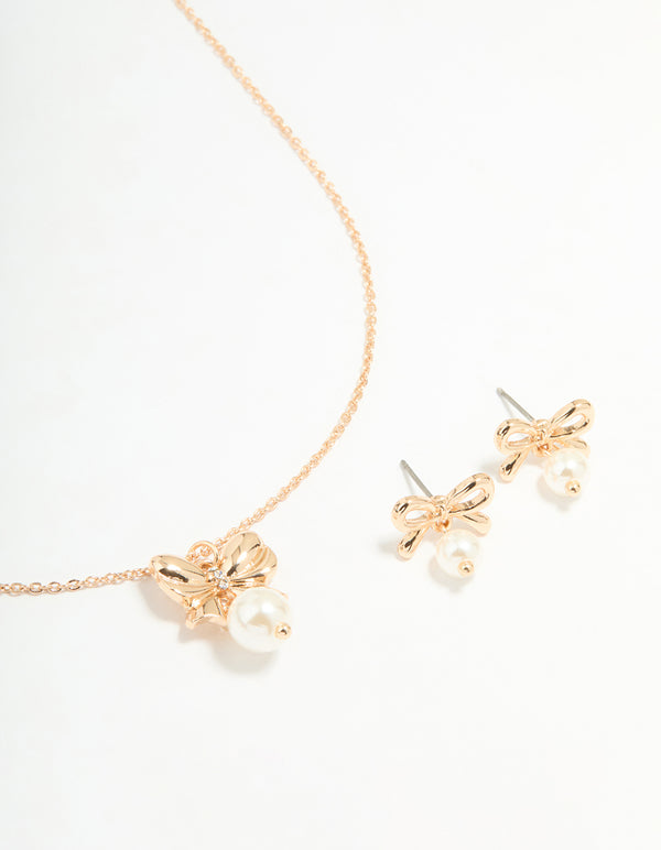 Gold Bow Pearl Necklace & Earrings Set