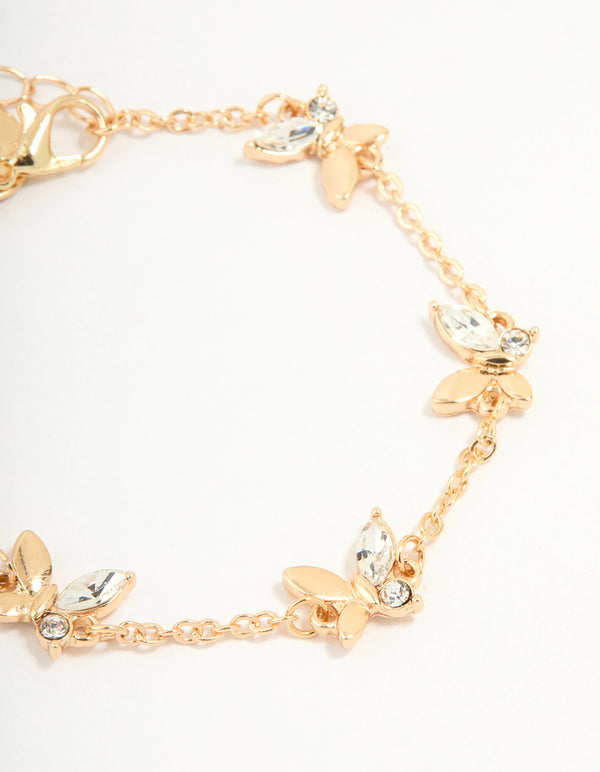 Gold Diamante Butterfly Charm Toggle Bracelet