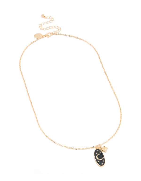Gold Dark Blue Enamel Moon & Star Necklace
