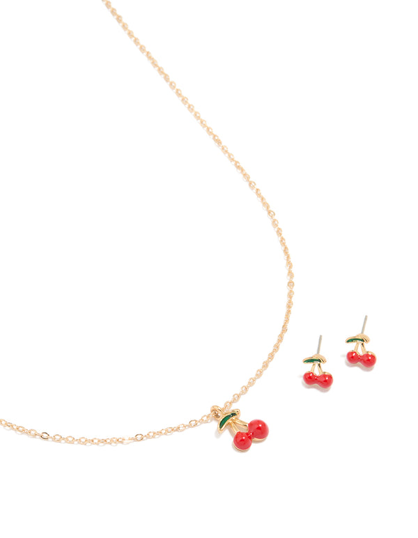 Gold Cherry Necklace & Earrings Set