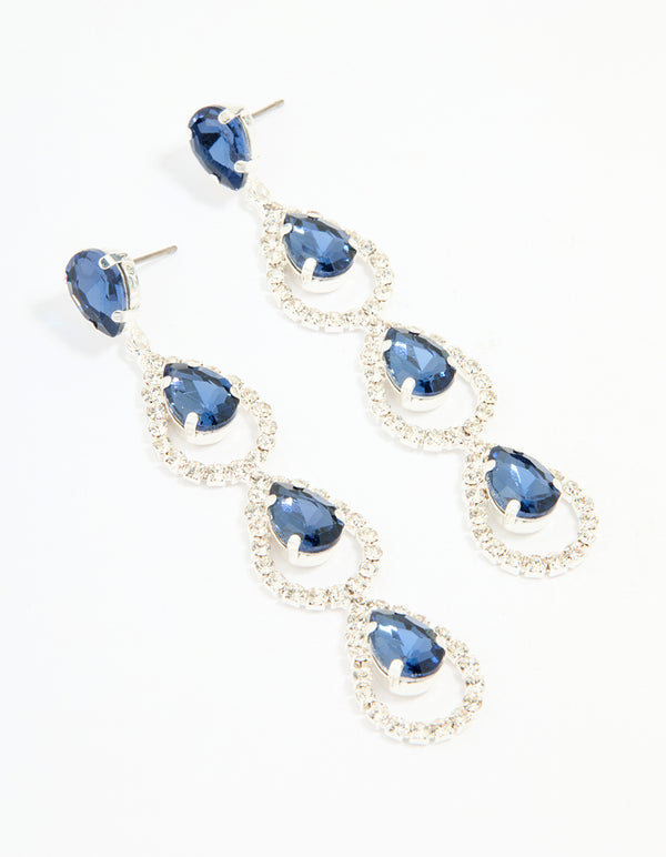 Silver Blue Diamante Pavé Teardrop Drop Earrings