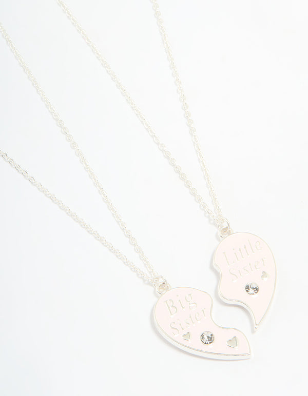 Kids Silver Beaded Sisters Heart Necklaces 2-Pack