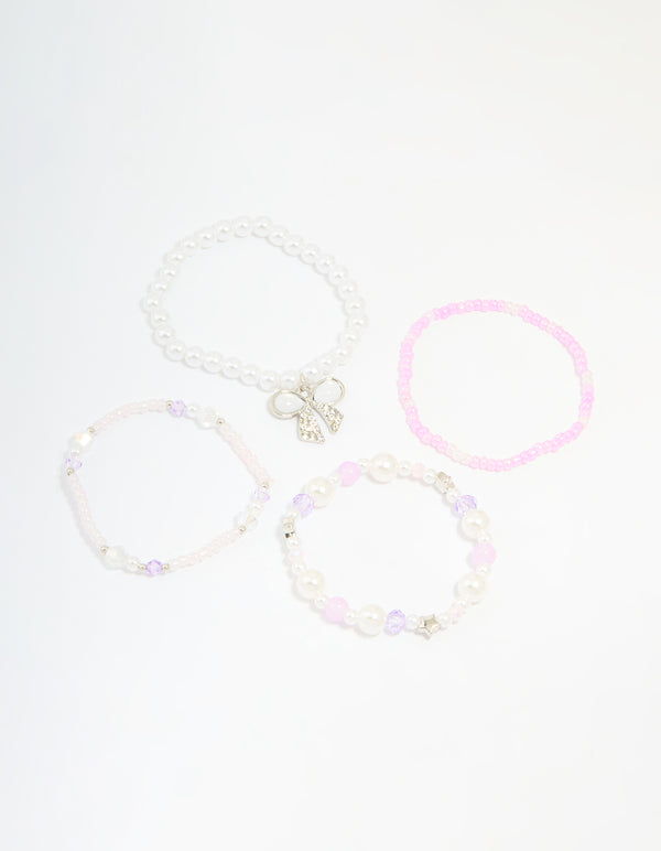 Kids Pink & White Beaded Stretch Bracelets Pack