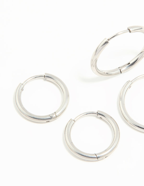 Discover waterproof stainless steel thin hoop earrings in a 3-pack with silver finish close up view