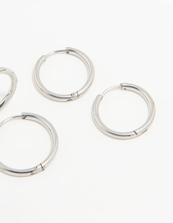 Presenting waterproof stainless steel thin hoop earrings in a 3-pack with silver finish post detail view
