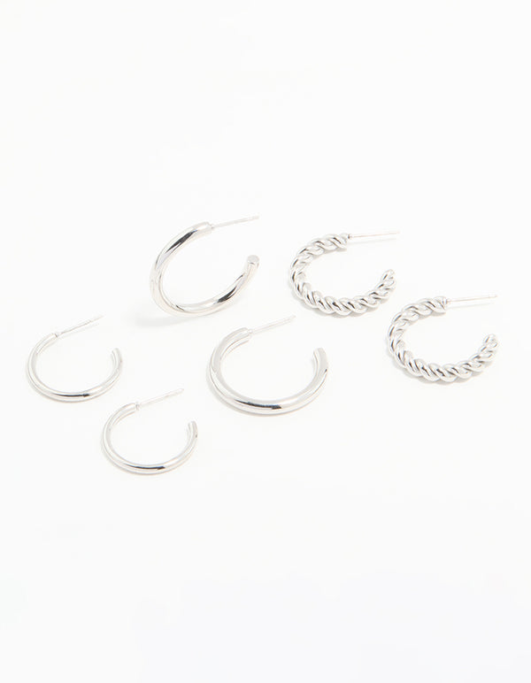 Discover waterproof stainless steel twisted and smooth hoop earrings in a 3-pack with silver tone front view