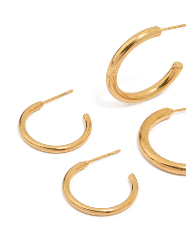 Waterproof Gold Plated Stainless Steel Twisted & Smooth Hoop Earrings 3-Pack