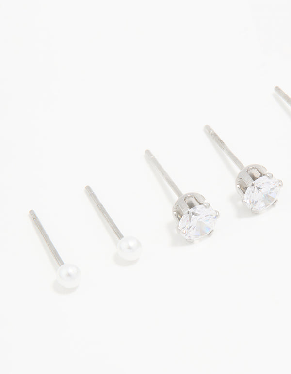 Waterproof Stainless Steel Cubic Zirconia & Pearl Stud Earrings 4-Pack