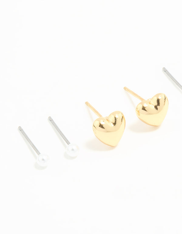 Waterproof Gold Plated Stainless Steel Cubic Zirconia & Heart Stud Earrings 4-Pack