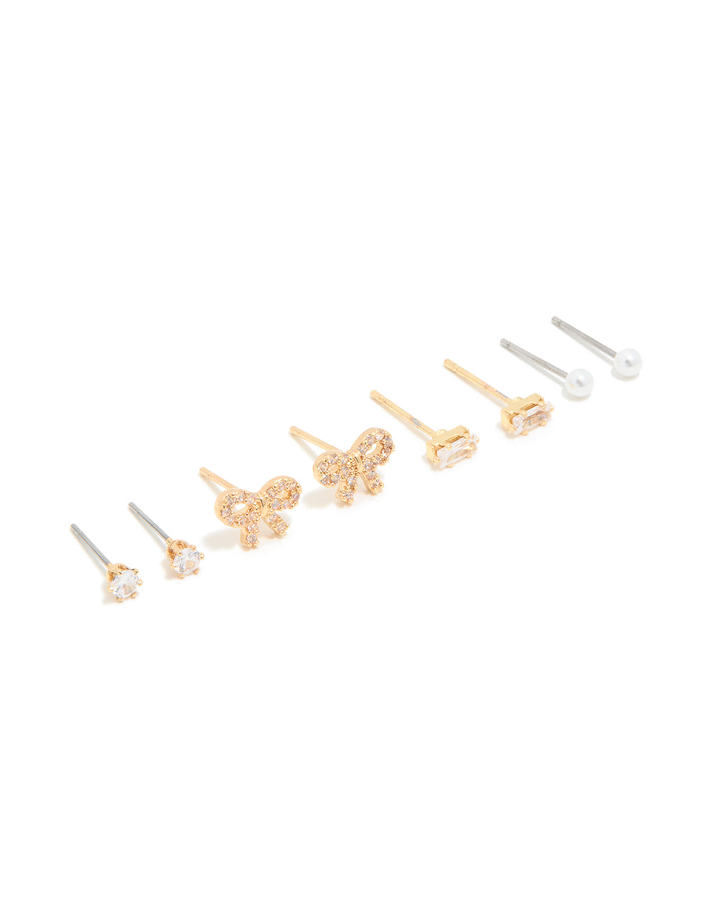 Showcasing waterproof gold plated stainless steel cubic zirconia and pearl stud earrings in a 4-pack featuring bow accents front view