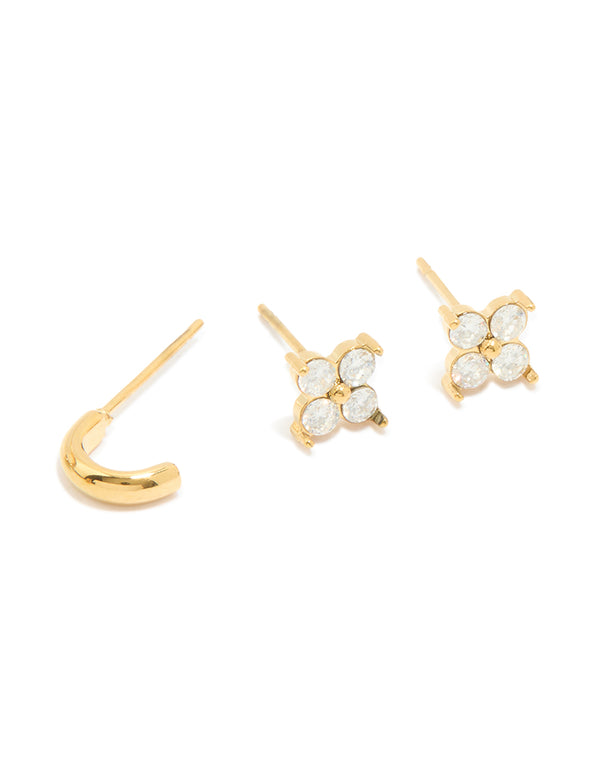 Waterproof Gold Plated Stainless Steel Cubic Zirconia Butterfly & Stud Earrings 4-Pack