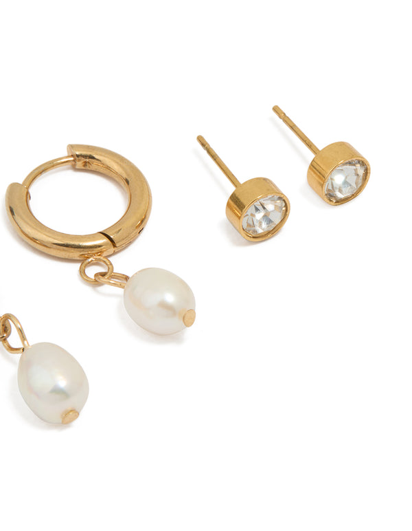 Waterproof Gold Plated Stainless Steel Freshwater Pearl Huggie & Stud Earrings 3-Pack