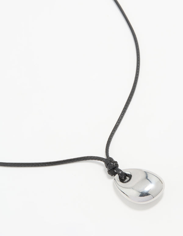 This waterproof pendant necklace features stainless steel and black cord close up view