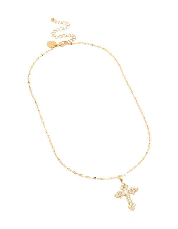 Featuring a dainty waterproof gothic cross pendant fine necklace with cubic zirconia stones, crafted from gold plated stainless steel front view