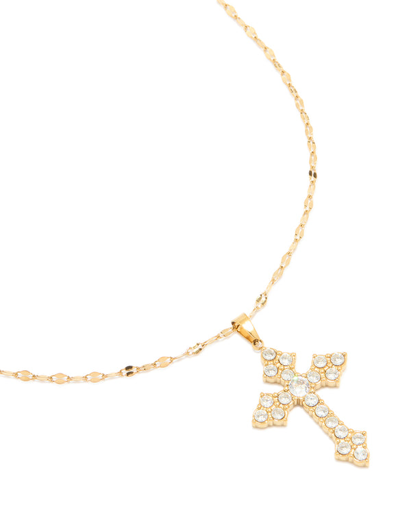 Showcasing a waterproof dainty gothic cross pendant fine necklace with cubic zirconia stones, crafted from gold plated stainless steel close up view