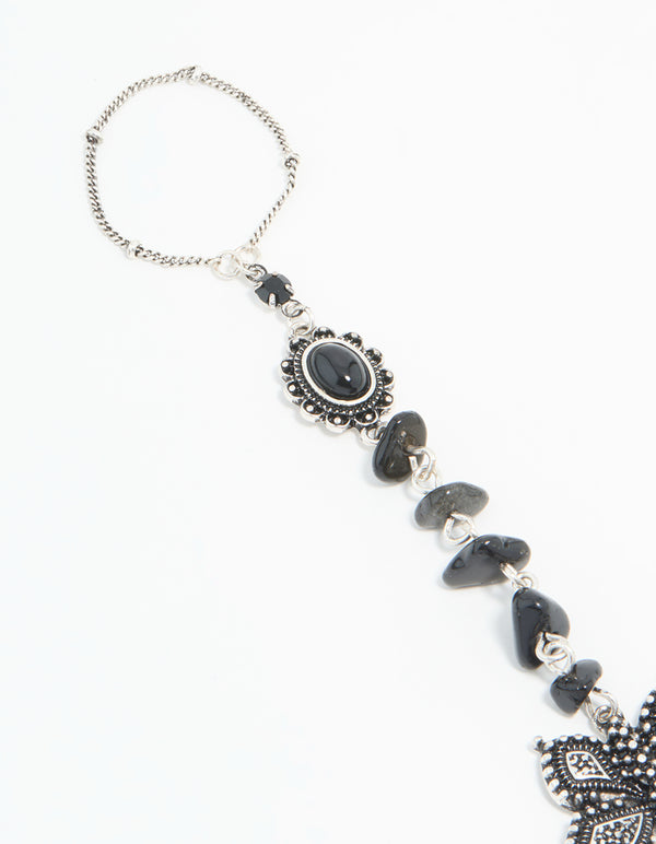 Antique Silver Black Stone & Butterfly Hand Chain
