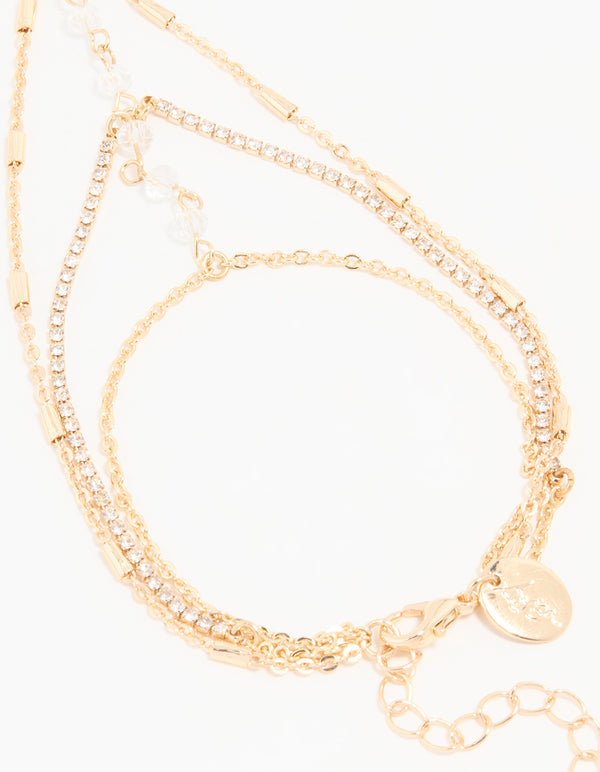 Gold Clear Bead & Diamante Layered Hand Chain