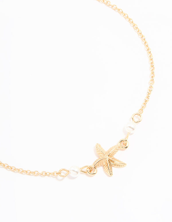 Gold Bead Shell & Tiny Starfish Anklets 2-Pack