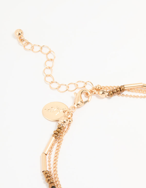 Antique Gold Blue Beaded & Leaf Layered Anklet