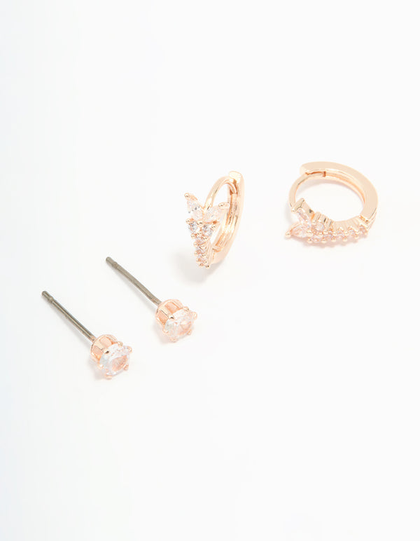 Rose Gold Plated Cubic Zirconia Butterfly Huggie & Stud Earrings 2-Pack