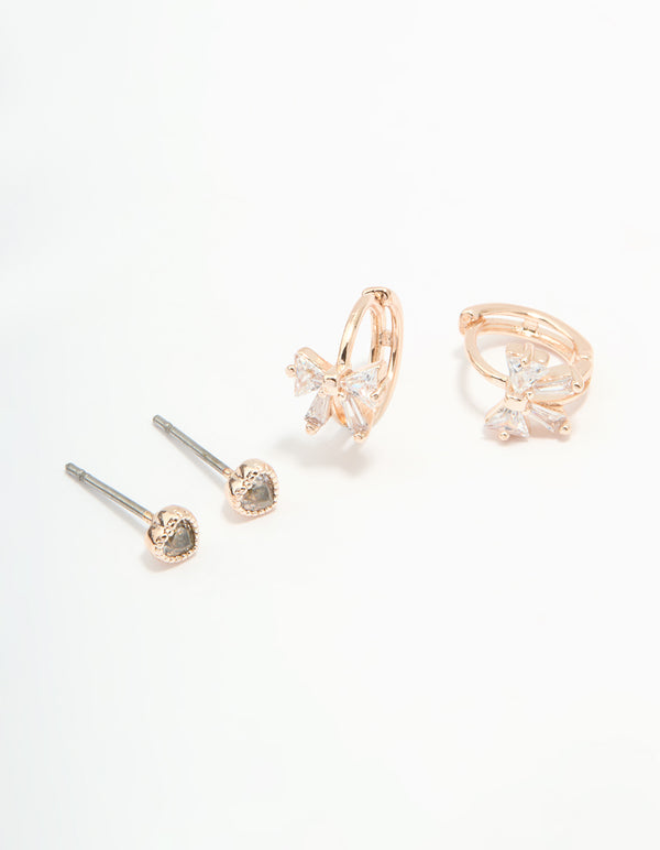 Rose Gold Plated Cubic Zirconia Bow Hoop & Heart Stud Earrings 2-Pack