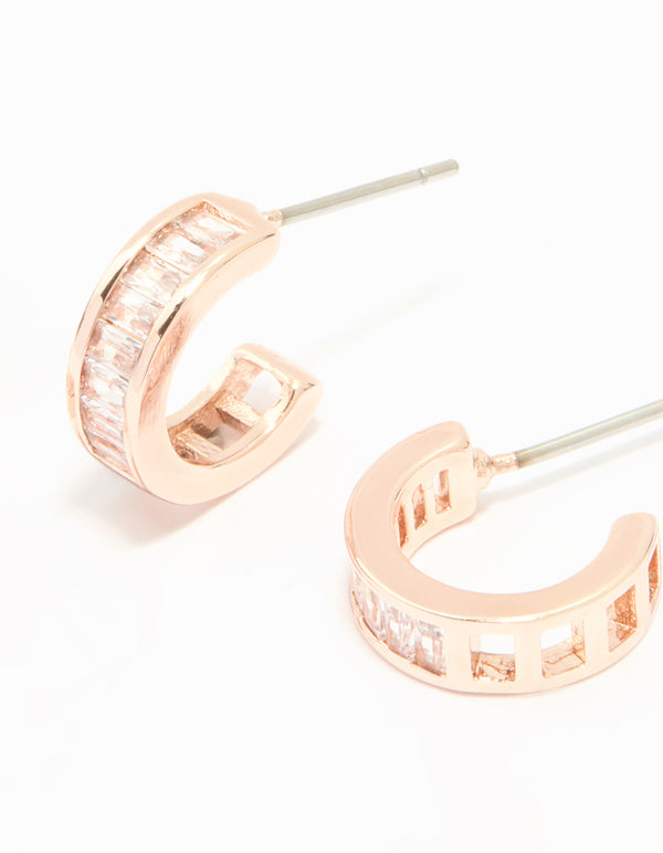 Rose Gold Plated Cubic Zirconia Plain & Baguette Hoop Earrings 2-Pack