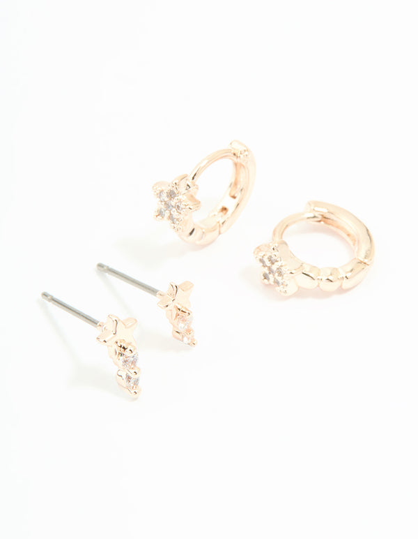Rose Gold Plated Cubic Zirconia Star Stud & Huggie Earrings 2-Pack