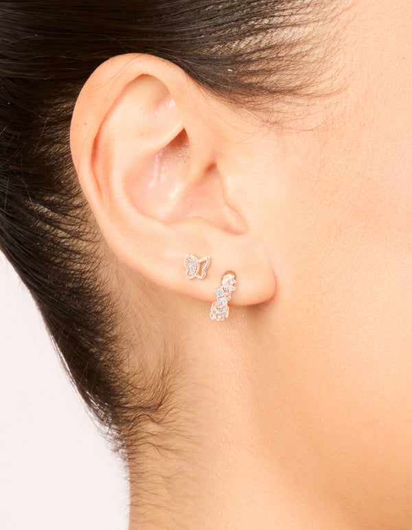 Rose Gold Plated Cubic Zirconia Butterfly Stud & Huggie Earrings 2-Pack