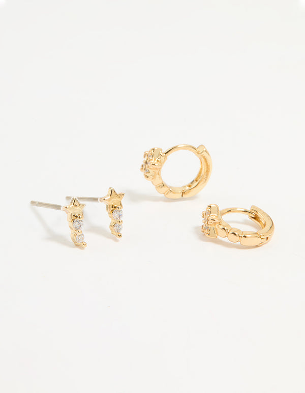 Gold Plated Cubic Zirconia Star Stud & Huggie Earrings 2-Pack