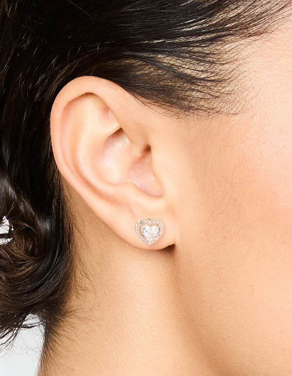 Rose Gold Plated Cubic Zirconia Halo Heart Stud Earrings