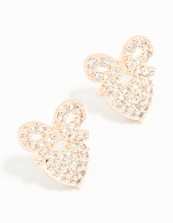 Rose Gold Plated Cubic Zirconia Bow & Heart Stud Earrings