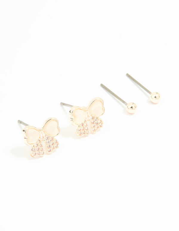 Rose Gold Plated Cubic Zirconia Bow & Plain Stud Earrings 2-Pack