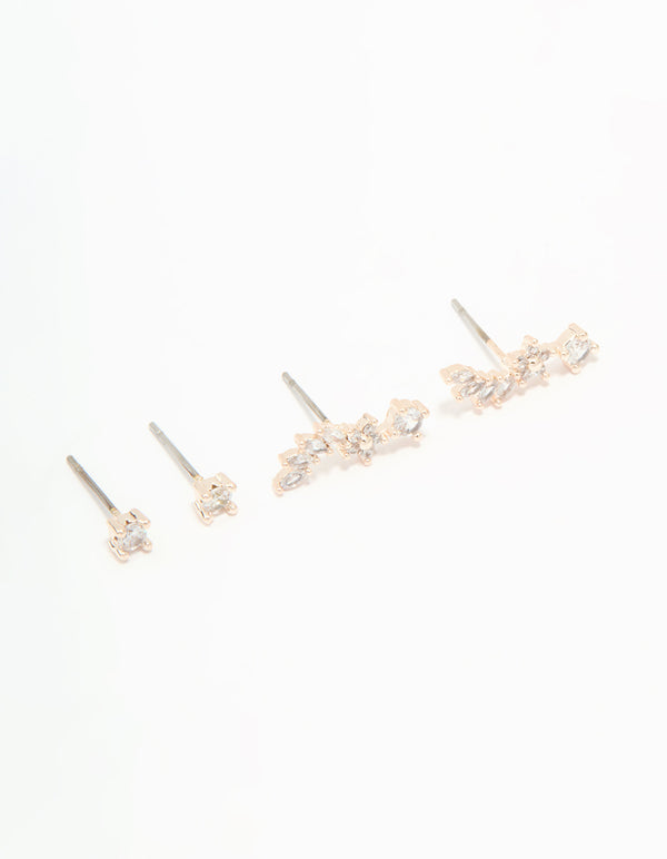 Rose Gold Plated Cubic Zirconia Flower Swirl Stud Earrings 3-Pack