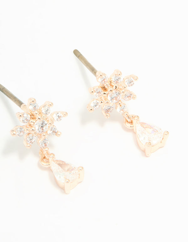 Rose Gold Plated Cubic Zirconia Flower & Classic Stud Earrings 2-Pack